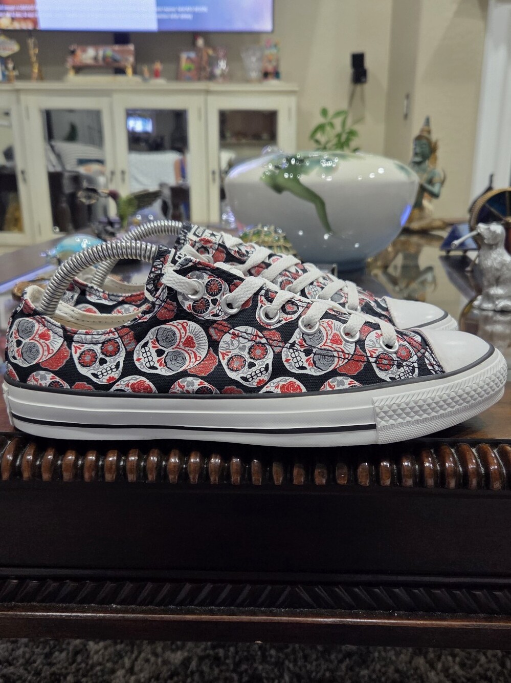 Converse Low Top Sneakers Black with Red and White Skull Print